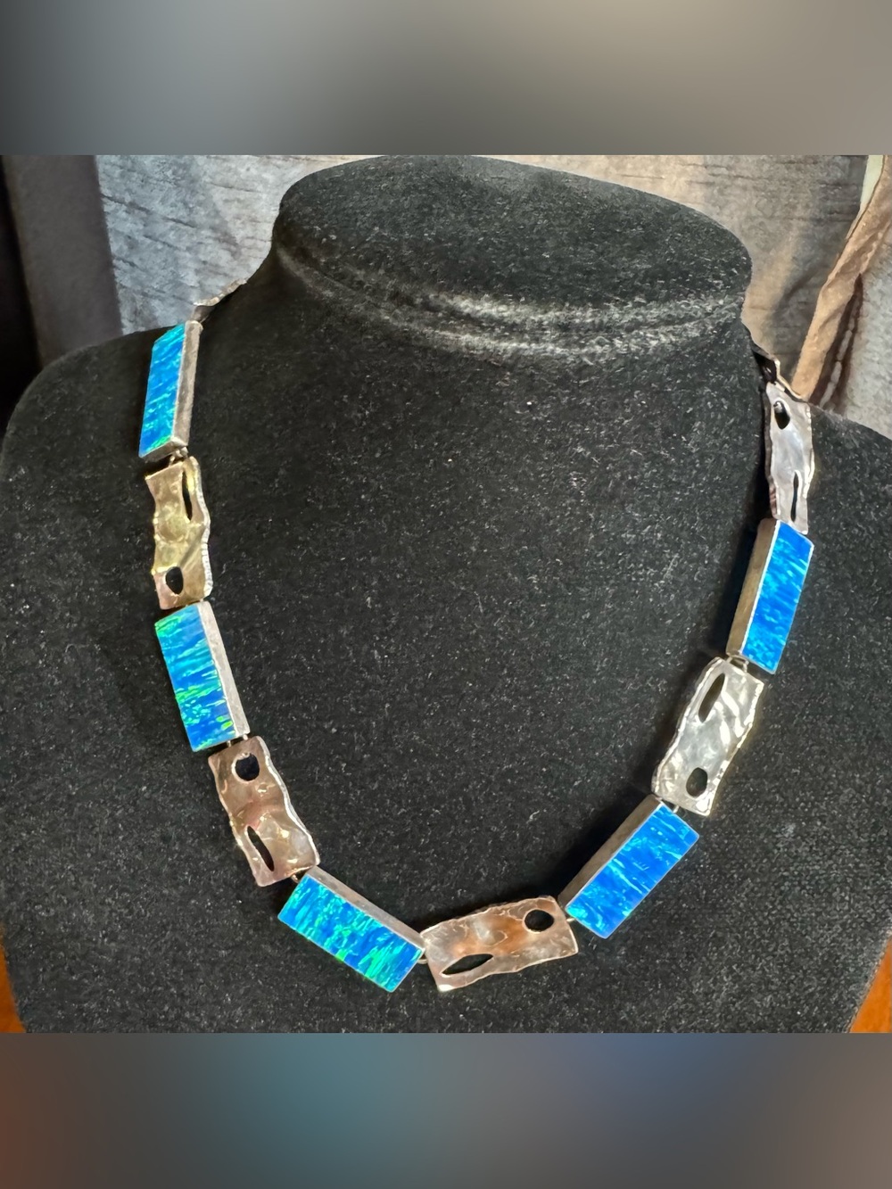 James Shay Signed Navajo Sterling Silver 925 Blue Fire Opal Link Necklace 50g